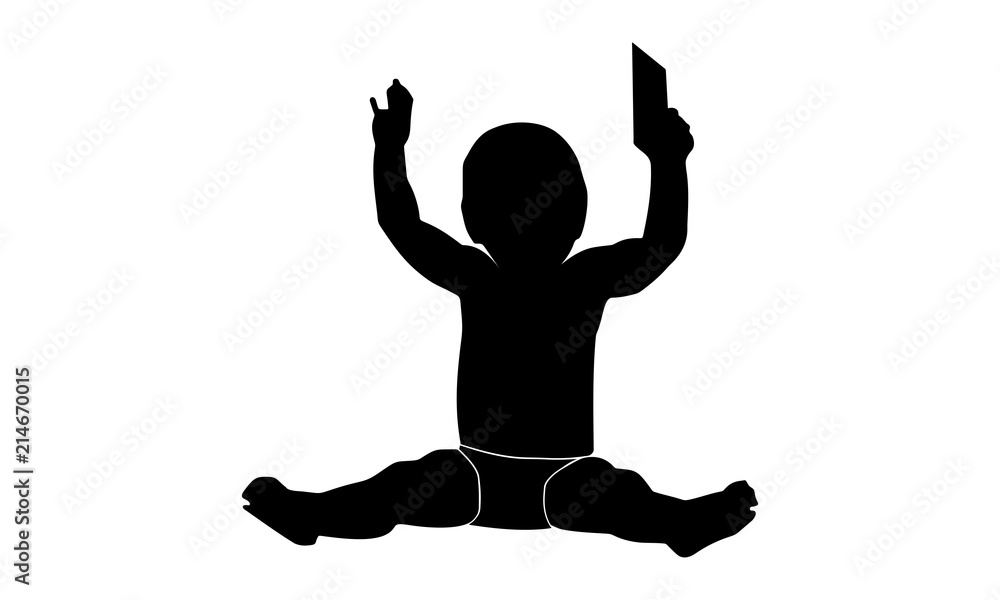silhouette of the expression of the pleasure of a toddler boy while sitting