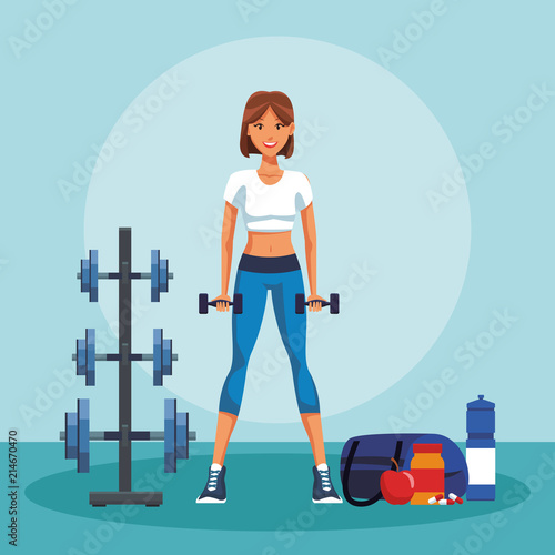 Young and fitness woman with dumbbells and bag vector illustration graphic design