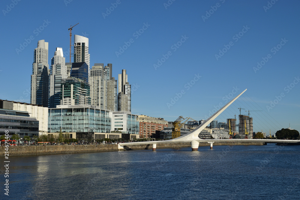 skyline of Puerto Madero, Buenos Aires, Argentina, with woman's bridge, or puente de la mujer skyline of Puerto Madero, Buenos Aires, Argentina, with woman's bridge, or puente de la mujer