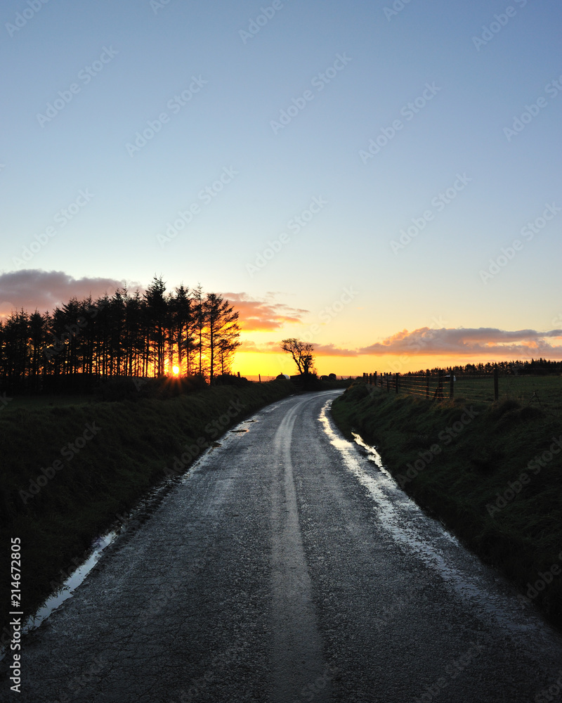 View down a country road with morning glow sunrise on the horizon View down a country road with morning glow sunrise on the horizon