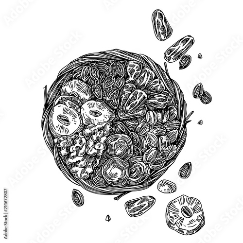 Dried fruits and nuts in the basket. Sketch. Engraving style. Vector illustration.