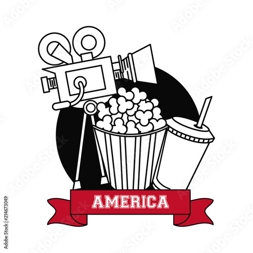 American entertainment cinema projector and popcorn with soda vector illustration graphic design
