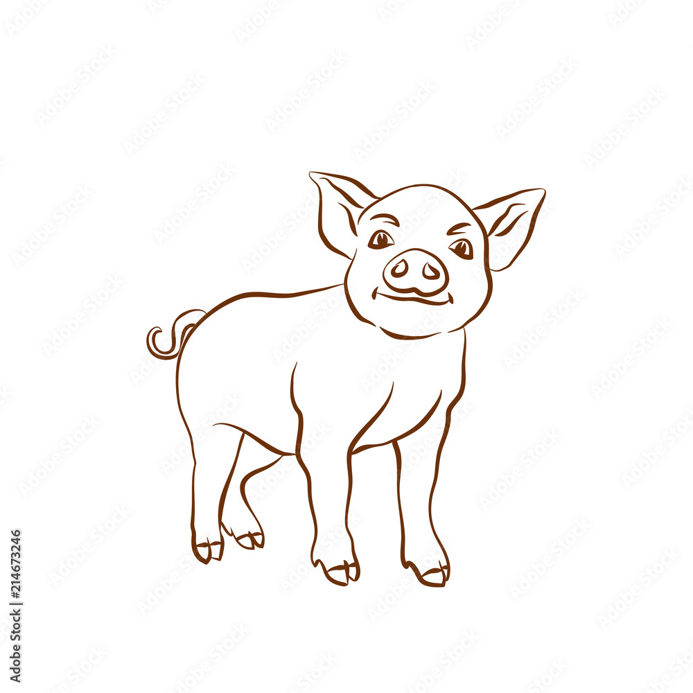 Hand drawn cartoon sketch of funny piggy. 2019 new year symbol.