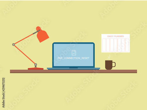 Flat style work table with notebook with error notification on the screen, lamp and coffee mug. Daily planner hangs on the wall near table. Vector illustration.