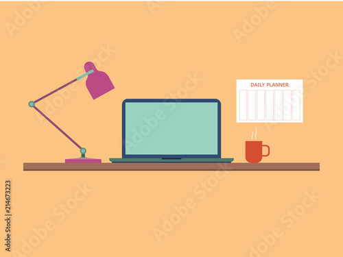 Flat style work table with notebook, lamp and coffee mug. Daily planner hangs on the wall near table. Vector illustration.