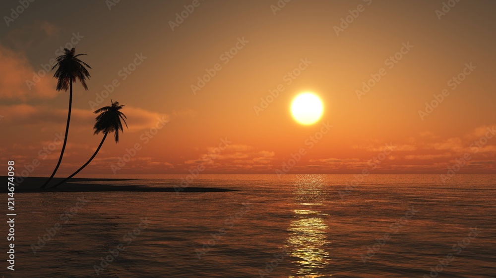 Sunset over a tropical beach in the ocean. Palm trees at sunset.
3D rendering