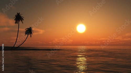 Sunset over a tropical beach in the ocean. Palm trees at sunset.  3D rendering