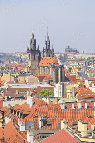 Beautiful view of the Old Town Square, and Tyn Church and St. Vitus Cathedral in Prague, Czech Republic © marinadatsenko