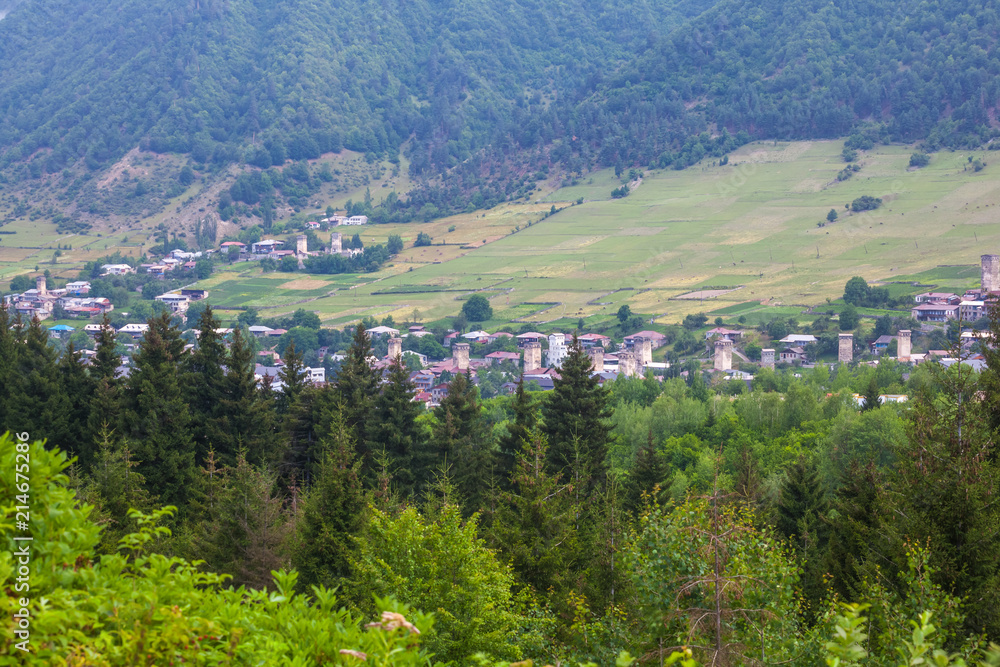 Towers in Mestia village in Svaneti area Caucasus mountains in Georgia
