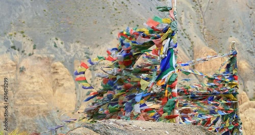 Buddhist shrine with many colorful prayer flags in north India, Ladakh, Himalaya mountains