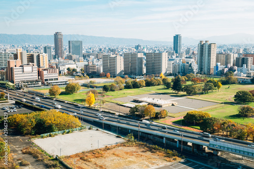 Modern buildings and overpass road at autumn in Osaka, Japan