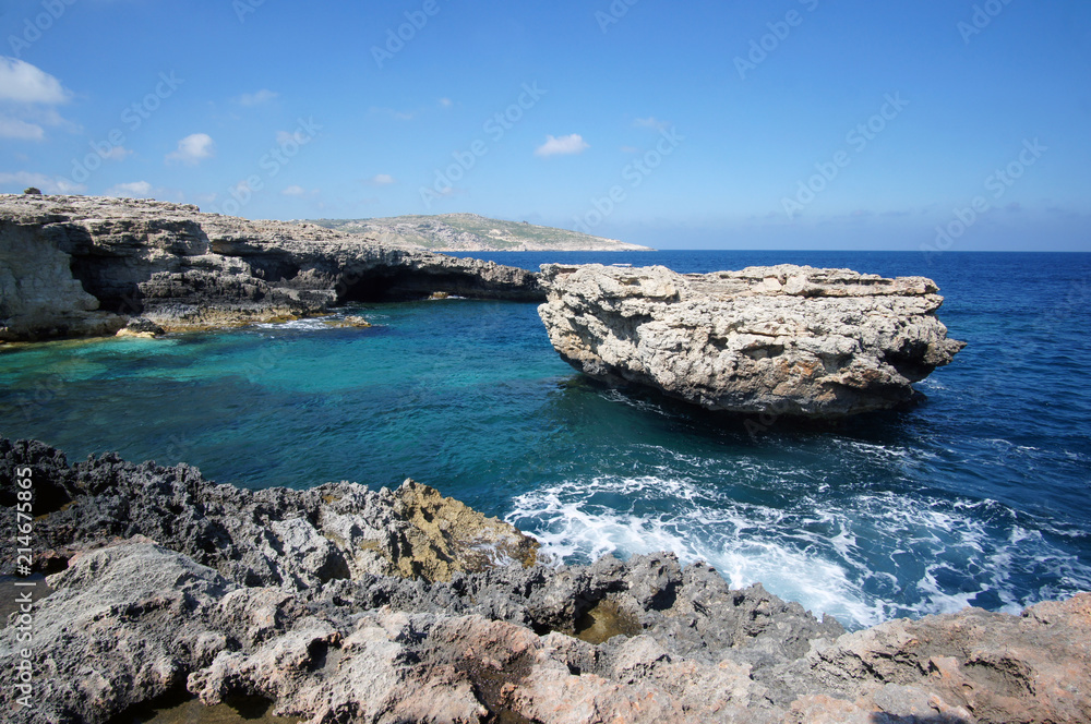 Rocks of Blue Lagoon in Comino, Malta during the summer day