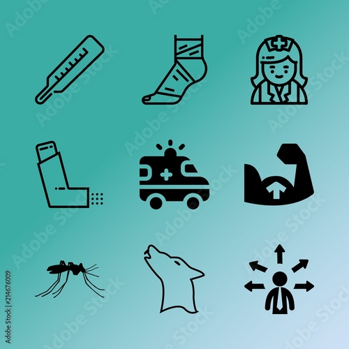 Vector icon set about medicine with 9 icons related to gauze, nurse, assistance, caucasian, nursing, cells, terrier, exercise, macho and motion