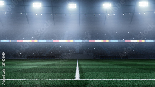 3D render professional soccer stadium background with rain