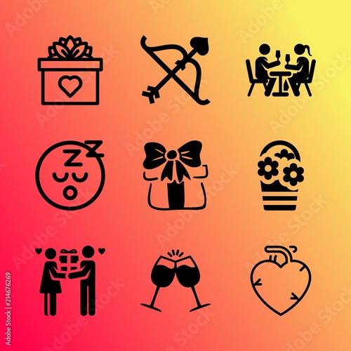 Vector icon set about love with 9 icons related to bloom, drink, wreath, heart, season, floral, flower, red, together and like