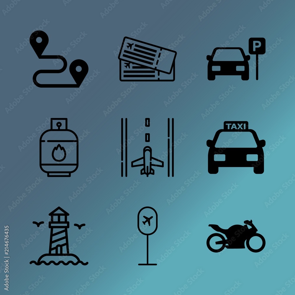 Vector icon set about transport with 9 icons related to car, tourism, catwalk, offshore, vehicle, station, baby, gate, sunset and sign Vector icon set about transport with 9 icons related to car, tourism, catwalk, offshore, vehicle, station, baby, gate, sunset and sign