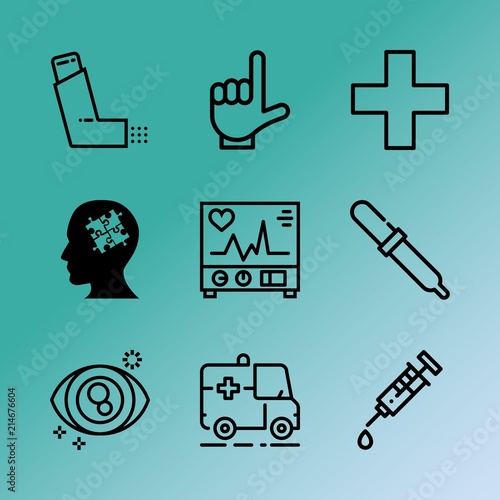 Vector icon set about medicine with 9 icons related to pharmacy, help, healing, bio, herbal, god, pulse, casual, man and beat