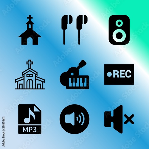Vector icon set about music with 9 icons related to christianity, bible, song, decoration, technology, megaphone, heaven, equipment, instrument and earflaps