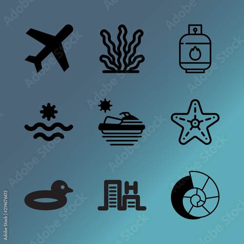 Vector icon set about sea with 9 icons related to lifestyle, drill, sand, passport, nature, plant, recreational, snail, jet ski and beauty