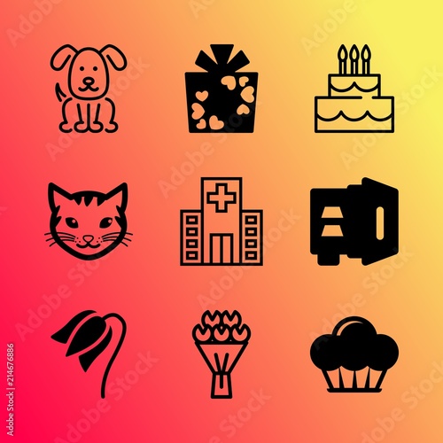 Vector icon set about love with 9 icons related to decoration, tier, summer, income, sugar, botanical, support, people , menu and heart