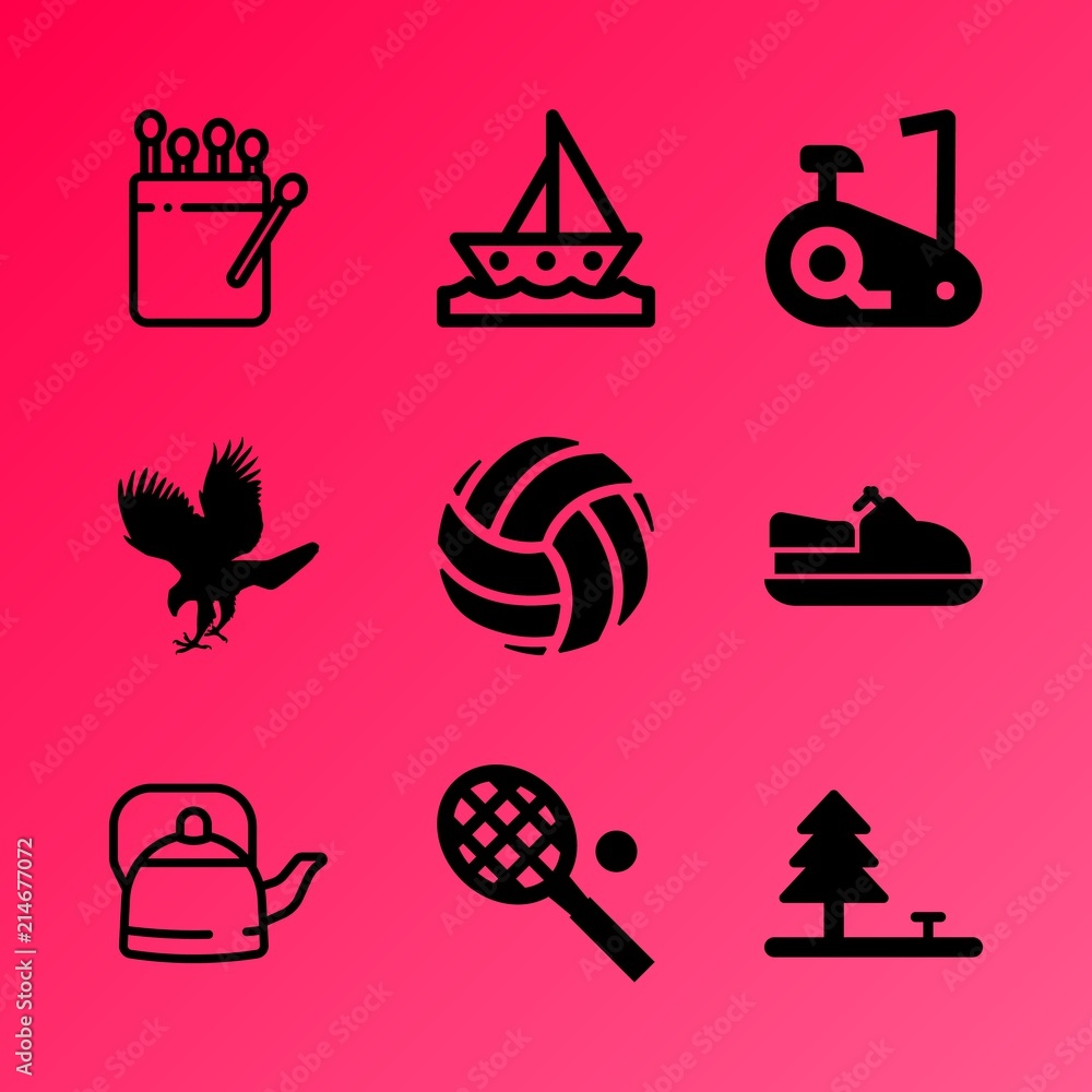 Vector icon set about fitness and sport with 9 icons related to sun, sport, heat, icon, russia, utensil, resort, concept, leisure and box