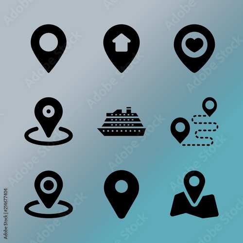 Vector icon set about location with 9 icons related to sunny, gps, tour, cruise, isolated, collection, minimal, graphic, template and view