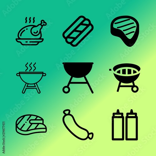 Vector icon set about barbecue with 9 icons related to outdoors, flame, raw, splash, knife, icon, wooden, medium, organic and omega