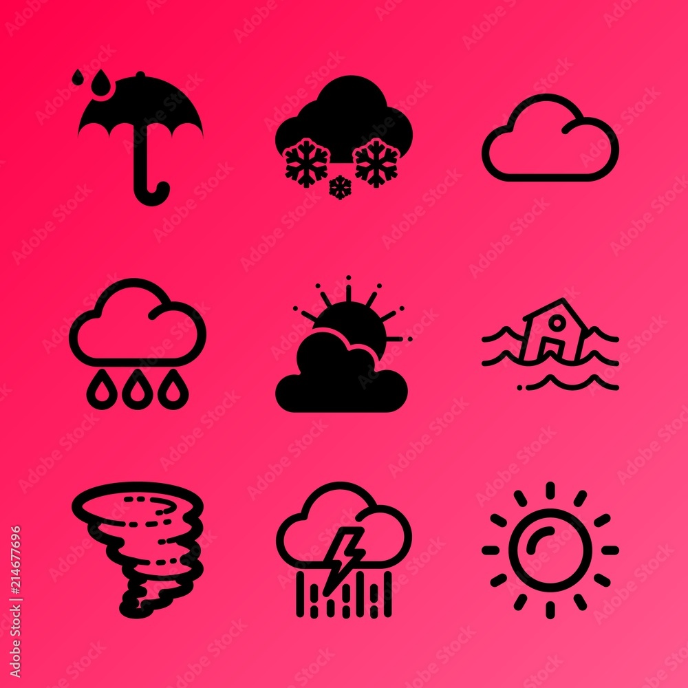 Vector icon set about weather with 9 icons related to network, tornado, autumn, spray, solar, catastrophic, meteorology, stormy, spring and rain Vector icon set about weather with 9 icons related to network, tornado, autumn, spray, solar, catastrophic, meteorology, stormy, spring and rain