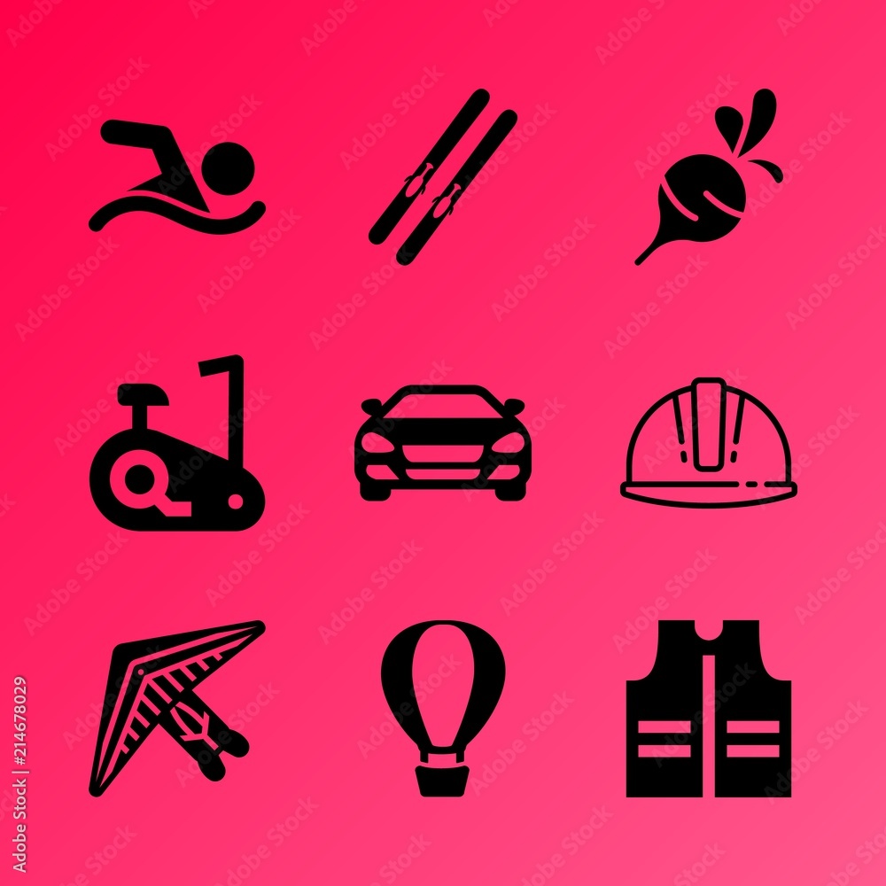 Vector icon set about fitness and sport with 9 icons related to recreation, onion, scale, side, girl, pool, front, dieting, style and confidence