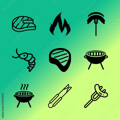 Vector icon set about barbecue with 9 icons related to explosion, fast, filet, blazing, stainless, set, lemon, devil, tong and fiery