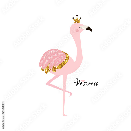 Flamingo princess with lettering and gold glitter crown. Vector hand drawn illustration.