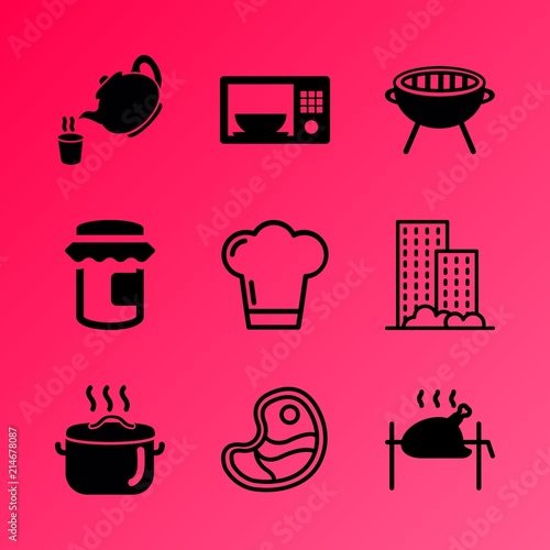 Vector icon set about kitchen with 9 icons related to plate, leaf, fruit, knife, wooden, building, garden, vegetable, roasted and sofa