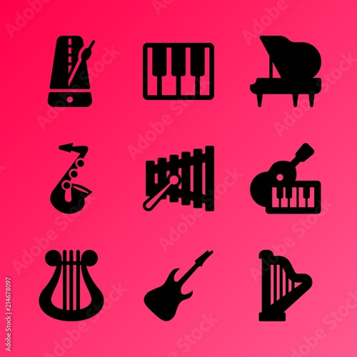 Vector icon set about music instruments with 9 icons related to symphony, gusli, song, flat, wallpaper, sheet, metronome, mallet, treble and image