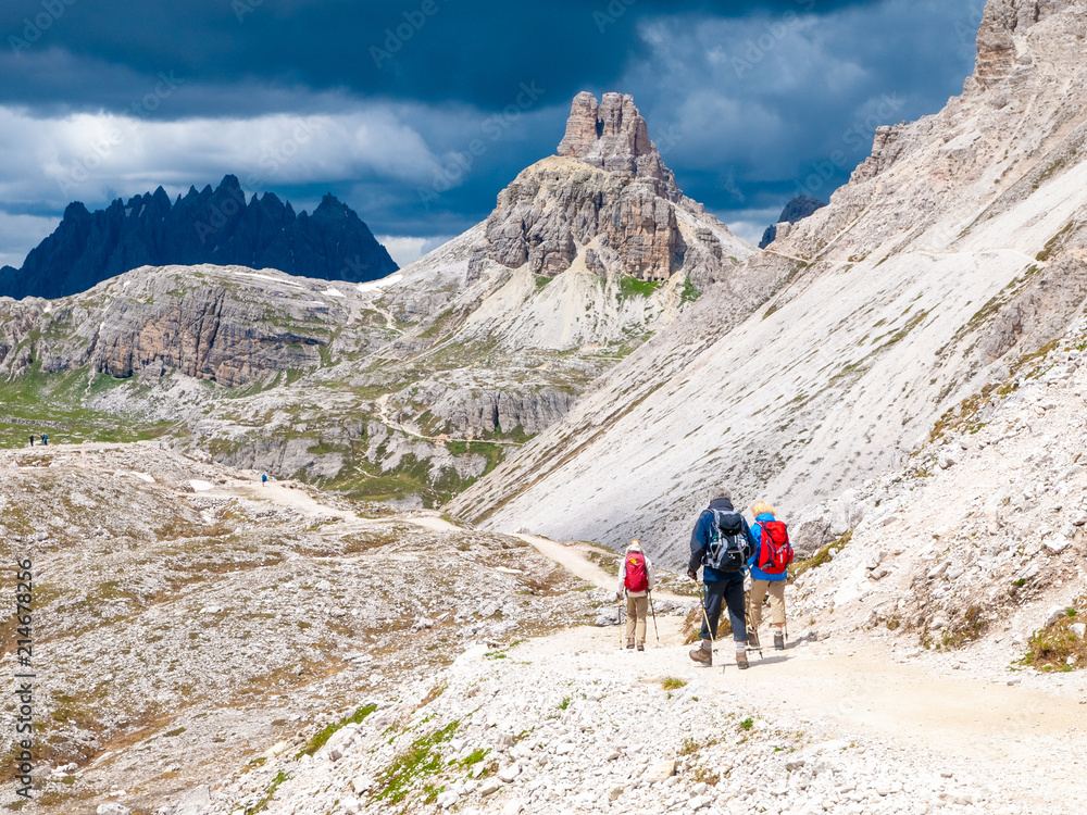 Mountain hikers with trekking poles walks on the rocky path in the mountains. Nordic walking theme.