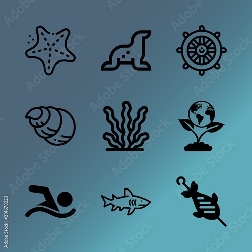 Vector icon set about sea with 9 icons related to white, nautical, europe, turquoise, food, body, closeup, lion, wheel and pool