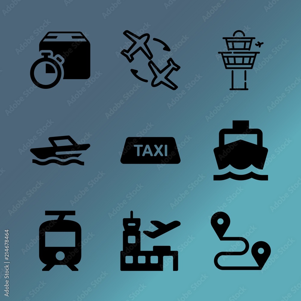 Vector icon set about transport with 9 icons related to floating, streetcar, luggage, vintage, summer, person, transport, concept, people and packaging Vector icon set about transport with 9 icons related to floating, streetcar, luggage, vintage, summer, person, transport, concept, people and packaging