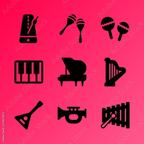 Vector icon set about music instruments with 9 icons related to childhood, style, modern, isolated, concert, song, festival, percussion, color and balalaika