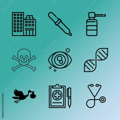 Vector icon set about medicine with 9 icons related to little, nearsighted, pen, cure, medical, aromatic, shortsighted, focus, sketch and pipette