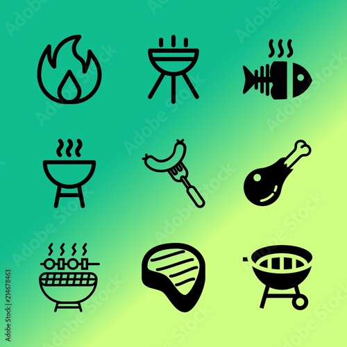 Vector icon set about barbecue with 9 icons related to beverage, unhealthy, danger, people , above, cut, label, lunch, art and alcohol