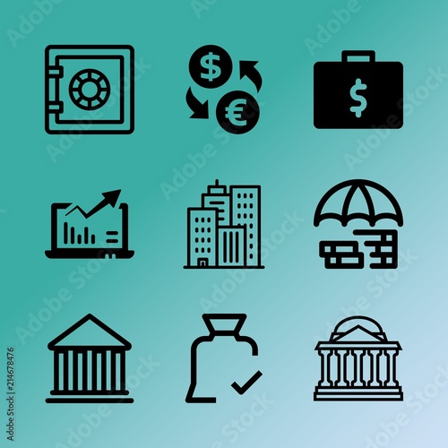 Vector icon set about bank with 9 icons related to euro, statistics, banknote, editable, password, usd, accounting, president, people  and security