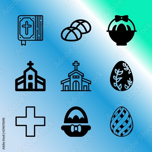 Vector icon set about easter with 9 icons related to sanctuary, backdrop, open, striped, caucasian, food, meditation, antique, literature and greeting