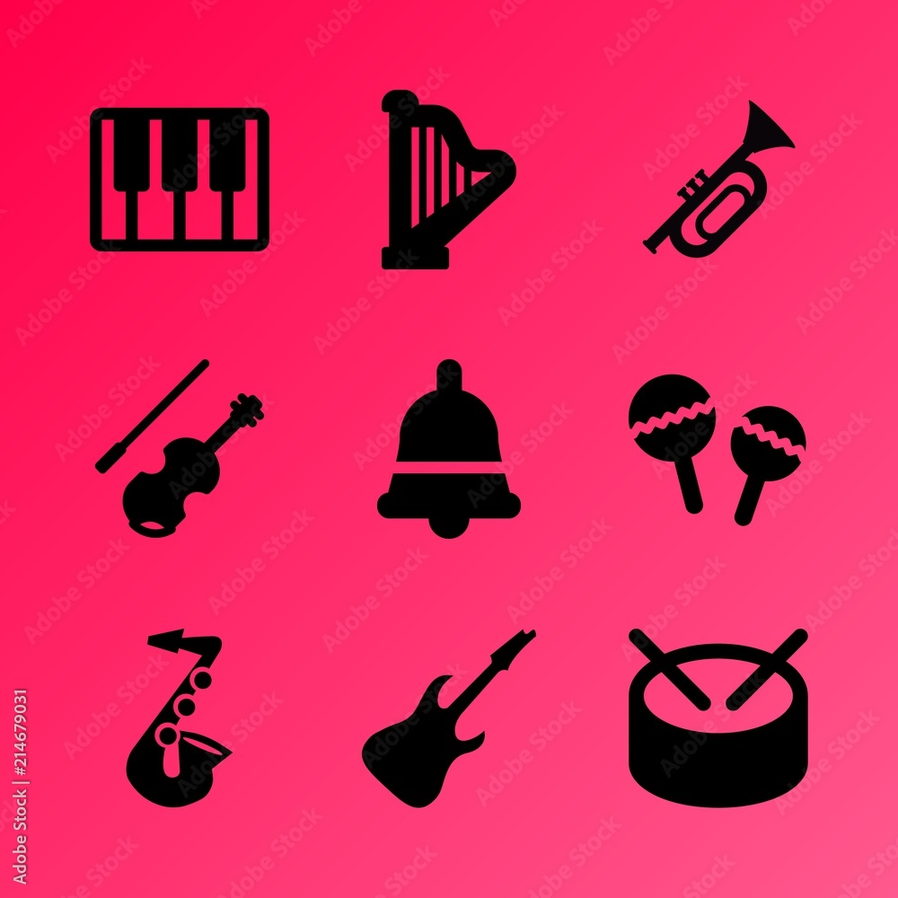 Vector icon set about music instruments with 9 icons related to graphic, treble, background, band, composition, piano, beautiful, tone, fiddle bow and sound
