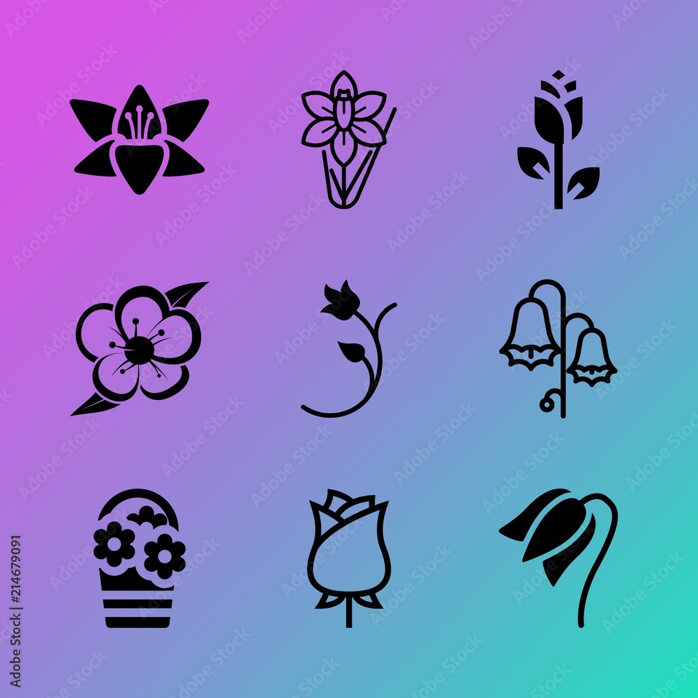 Fototapeta premium Vector icon set about flowers with 9 icons related to art, flower, ripe, wallpaper, uk, border, citrus, natural, sunny and fresh