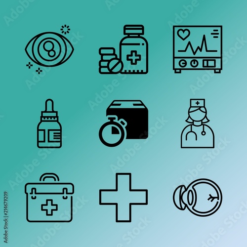 Vector icon set about medicine with 9 icons related to template, gloves, praise, heartbeat, thermometer, hygiene, eyewear, adult, doctor and cardiograph