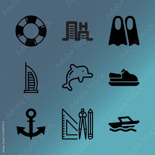 Vector icon set about sea with 9 icons related to geography, view, owl, speedboat, rest, naval, icon, protection, young and heavy photo