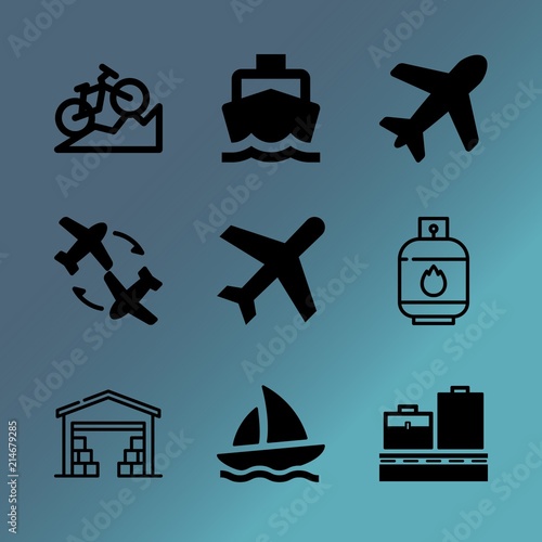 Vector icon set about transport with 9 icons related to equipment, competition, airplane, yachting, petrochemical, yacht, natural, flying, bicycle and job