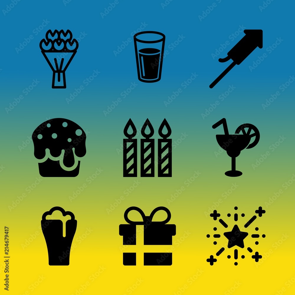 Vector icon set about birthday party with 9 icons related to wax, giftbox, tropical, decorative, label, foam, decor, cream, water and slice Vector icon set about birthday party with 9 icons related to wax, giftbox, tropical, decorative, label, foam, decor, cream, water and slice