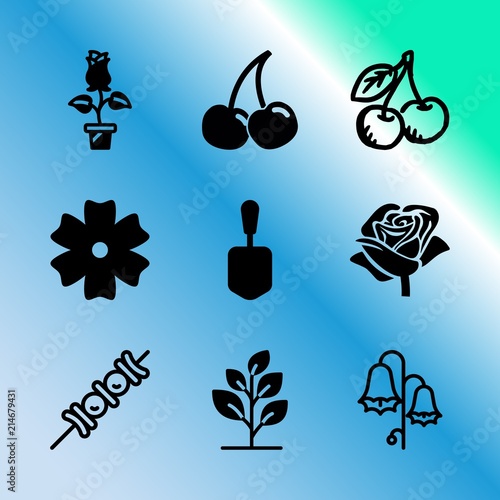 Vector icon set about gardening with 9 icons related to grow, landscape, pretty, floral, harebell, scoop, branch, illustration, botany and vintage