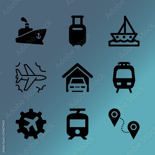 Vector icon set about transport with 9 icons related to plane, speed, emblem, blue, waiting, landing, yellow, aircraft, trancport and delivery