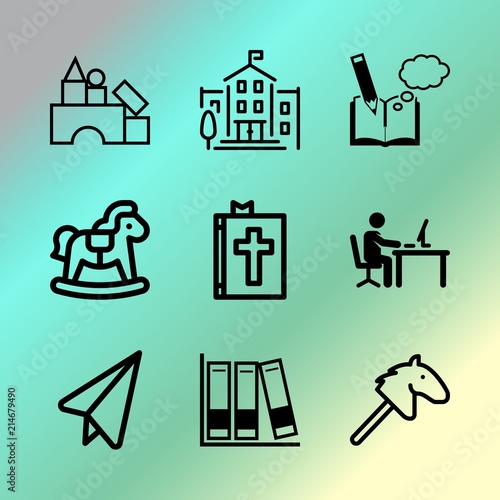 Vector icon set about education with 9 icons related to plastic, girl, sunny, together, relaxation, knowledge, literature, kindergarten, sketch and friends